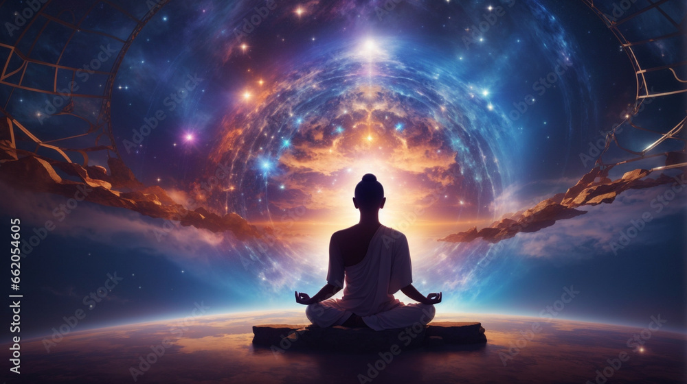 Buddha in meditation, as a gateway to the cosmos, embodying the bridge between the individual and the divine in a profound spiritual experience. Buddha in meditation, as a gateway to the cosmos, embodying the bridge between the individual and the divine in a profound spiritual experience.