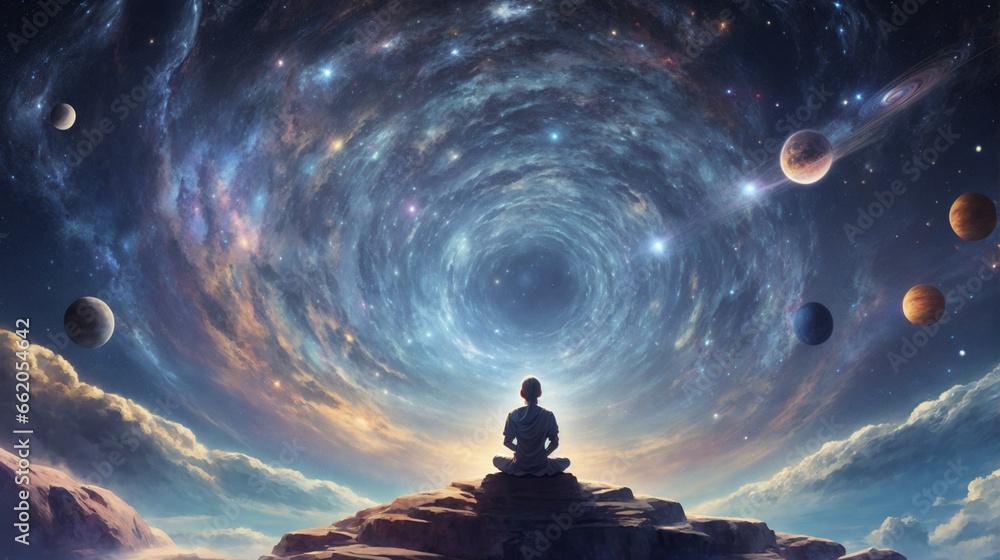 Spiritual journey through the cosmos, with a meditator at the center, exploring the mysteries of the universe through introspection.