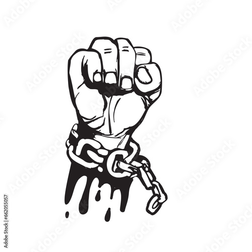 The symbol of freedom, hand fist with a handcuff broken chain and blood, illustration