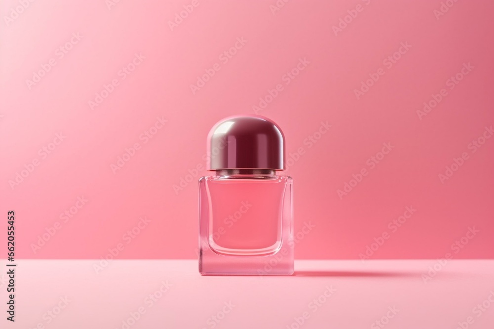 Minimalist pink nail polish bottle on flat pink background. Generative AI - obrazy, fototapety, plakaty 