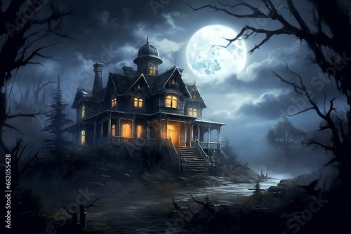 Spooky house under moonlight. Generative AI