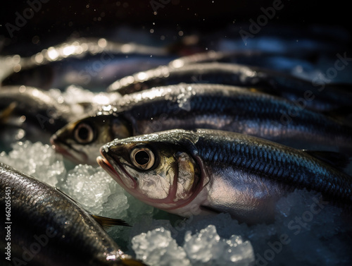Several fresh raw atlantic herring fish on pieces of ice. Fish market or supermarket counter. Sea caught whole herring fish. Natural delicious healthy seafood. Shelf of supermarket, restaurant, store