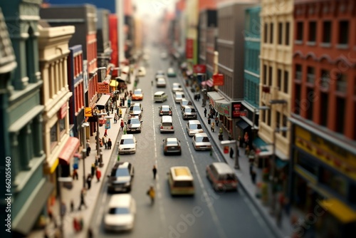 Wide view of a commercial street with tiltshift effect. Generative AI