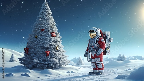 Abstract futuristic Christmas night. Santa sails through space in an astronaut suit, giving gifts to the whole universe. Decorated Christmas tree, Happy New year.
