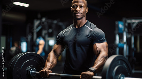 Black man lifting weights, concentraded, doing strength, gym, making effort