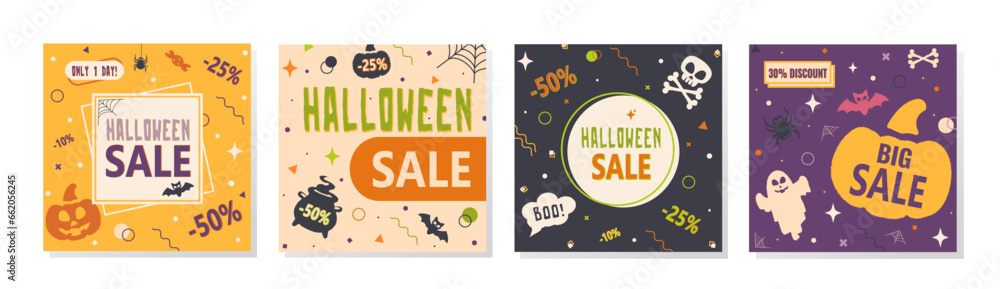 Set of Vector templates of Happy Halloween sale posters with symbols of Halloween and elements of Memphis style. Four Illustrations for promotion and social media marketing