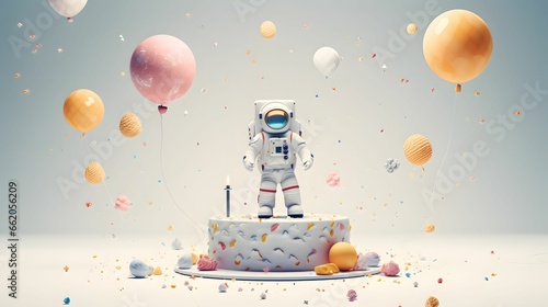 Birthday party with a colorful delicious cake and a little astronaut who won his birthday in space. Balloons, confetti and fun.
