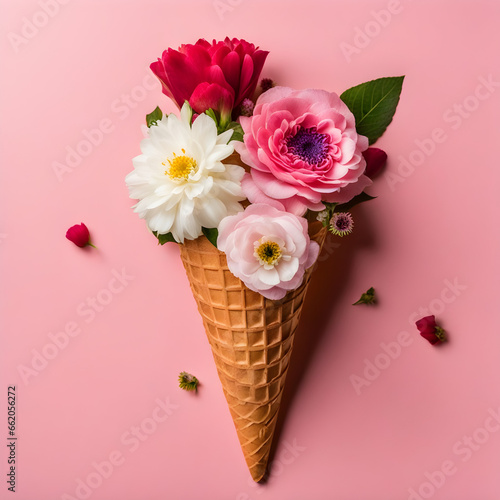 Ice cream cone with white and pink flowers