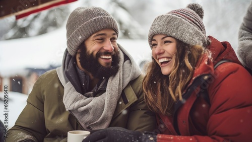 young couple laughing in the snow