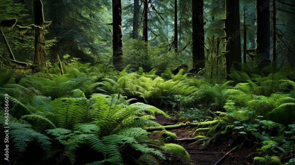Forest floor covered in native understory shrubs. - obrazy, fototapety, plakaty 