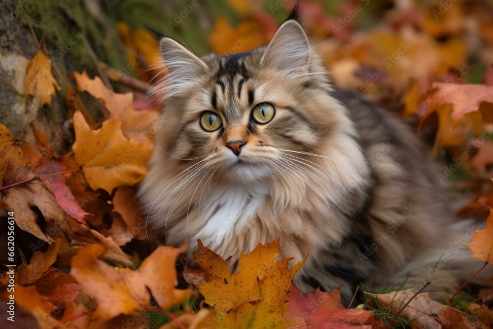 Cute kitty on fall leaves. Generative AI