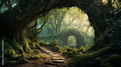Forest path with trees forming a natural arch.