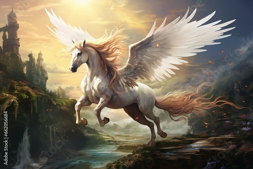 Illustration of a majestic scene with a mythical pegasus. Generative AI