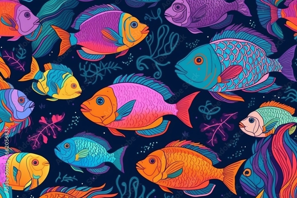 Seamless pattern with vibrant tropical fish. Generative AI