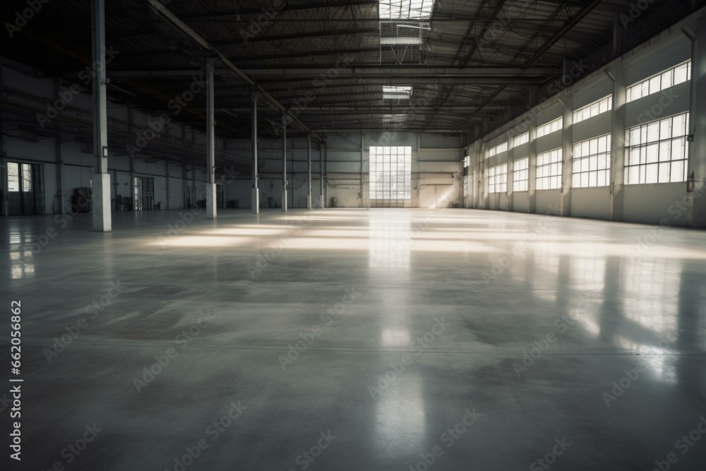 A spacious and bare warehouse floor with emphasis on the surface. Generative AI