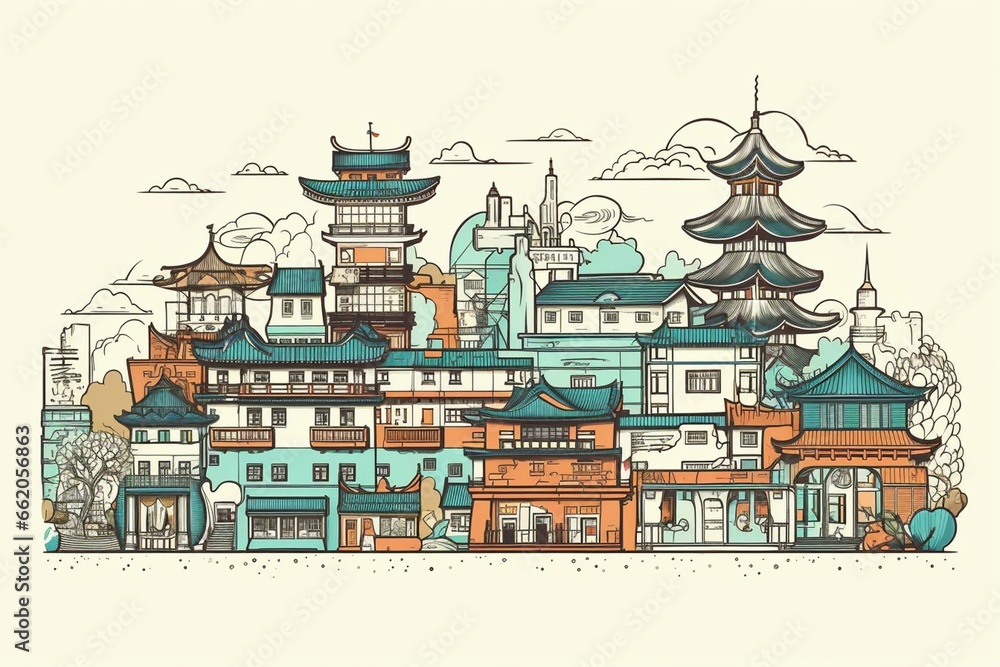 Cartoon illustration of Seoul's buildings and architecture. Generative AI