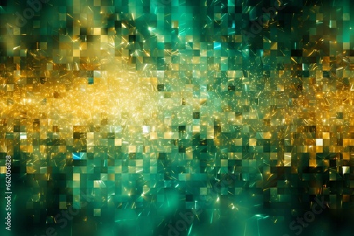 Sparkly enchantment: shimmering emerald and golden blurred background, borderless style (v4, ar 32). Generative AI
