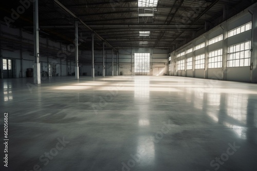 A spacious and bare warehouse floor with emphasis on the surface. Generative AI