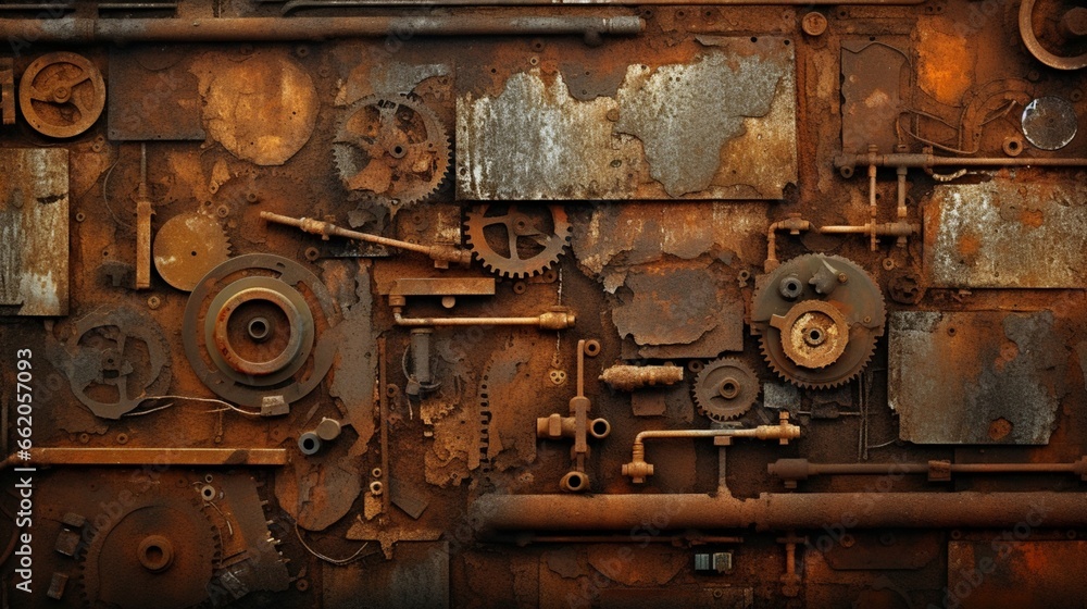Generate a grunge abstract background with rusted metal and industrial elements.