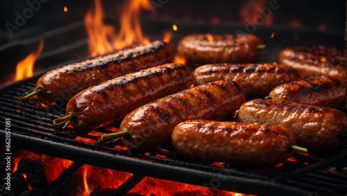 Grilling sausages on charcoal, barbecue party