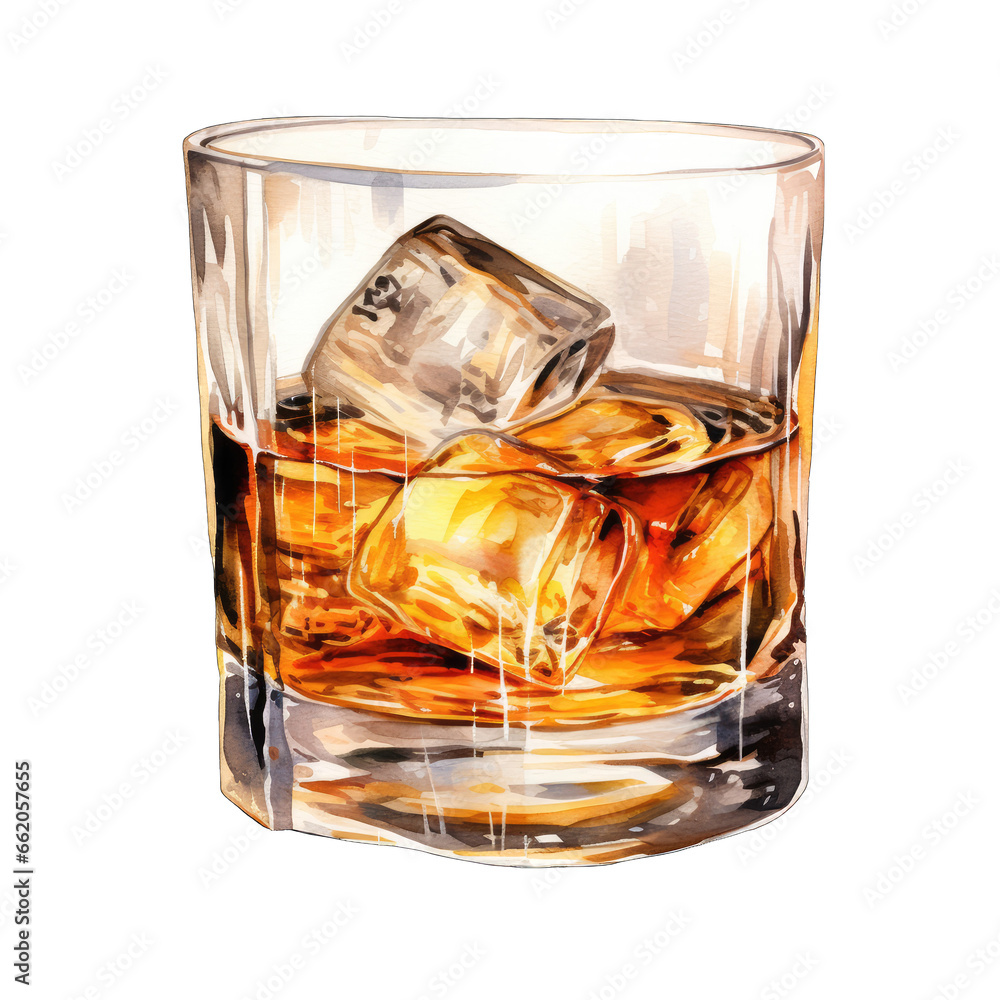 Glass of whiskey on the rocks, isolated on transparent background