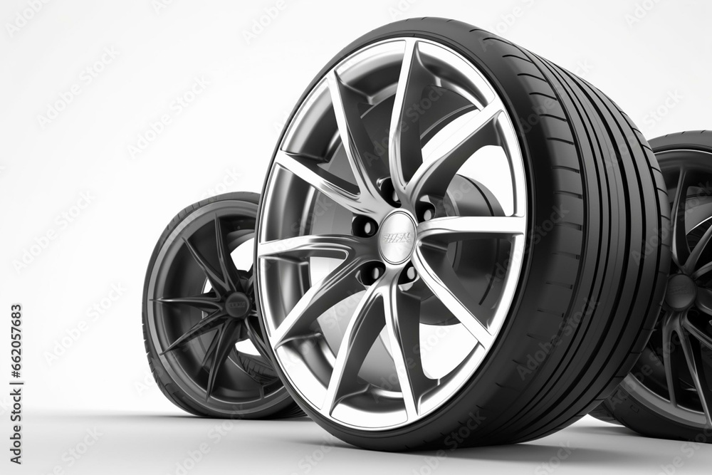 Isolated car wheels on white background with minimal concept and monochrome colors. Rendered in 3D. Generative AI