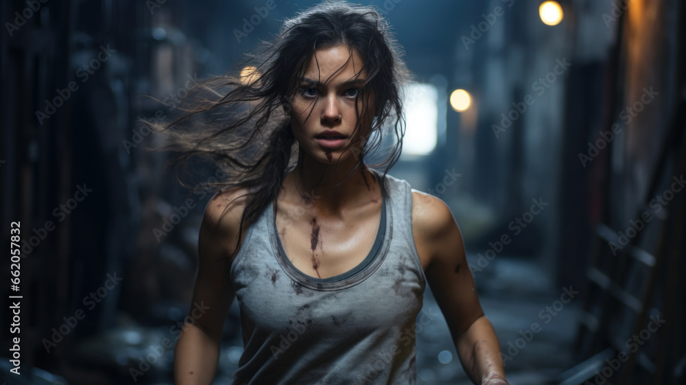 Fototapeta premium Scared girl, young woman runs down empty street at night, escape theme
