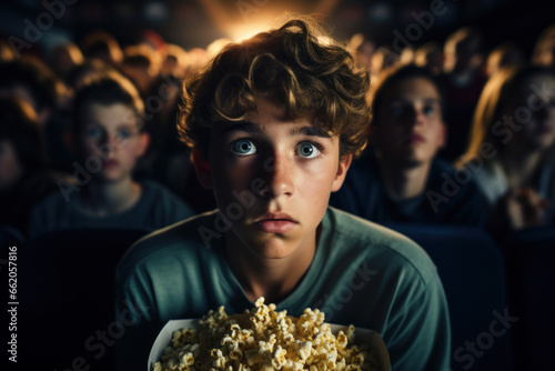 Shocked teen watches horror movie, portrait of scared boy in cinema