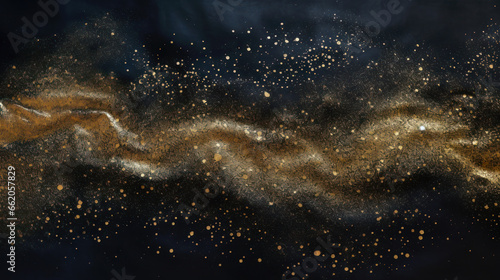 Gold paint splatters and powder on dark material  texture background