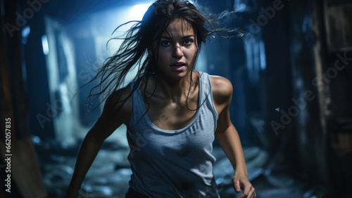 Scared young woman escapes from murderer, girl runs on alley at night photo