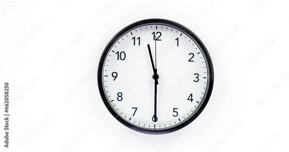 Clock face time lapse on white background with copy space for your own text. Clock time ticking on a classic Wall Clock. Shadows moving over the Watch. Half of a Clock dial close-up isolated. Concept Clock face time lapse on white background with copy space for your own text. Clock time ticking on a classic Wall Clock. Shadows moving over the Watch. Half of a Clock dial close-up isolated. Concept