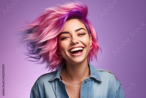 Beautiful fashion girl with colorful hair, beautiful lips and makeup. Bright multi-colored flying hair. Woman with perfect hairstyle. Hair professional coloring concept. Unicorn and rainbow hair photo