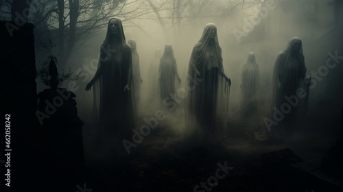 Ghostly apparitions seem to emerge from the mist in an old cemetery.