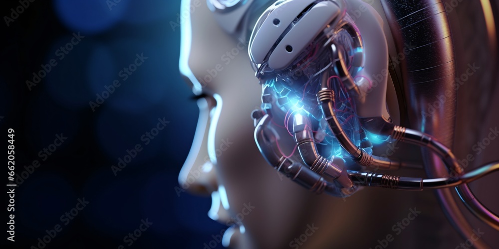 Fototapeta premium Digital futuristic hearing aid. Cybernetic ear. Hearing prosthesis. Cyber ​​technology, Biotechnological device.