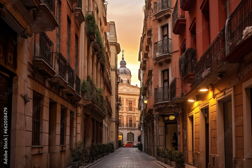 Quaint street in Madrid's historical district adorned with ancient residences. Generative AI