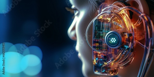 Digital futuristic hearing aid. Cybernetic ear. Hearing prosthesis. Cyber ​​technology, Biotechnological device.