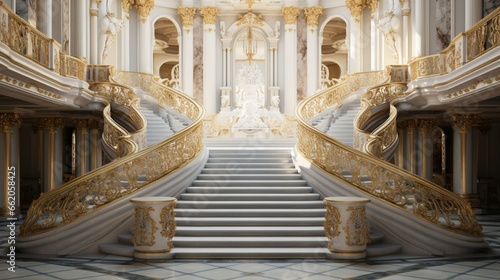 Photo Grand marble staircase with golden railings.