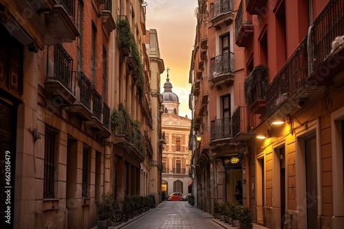 Quaint street in Madrid's historical district adorned with ancient residences. Generative AI photo