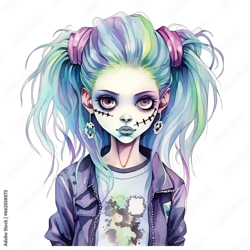 Obraz premium Goth zombie girl for Halloween, pastel colors, watercolor style in pastel colors, isolated on transparent background