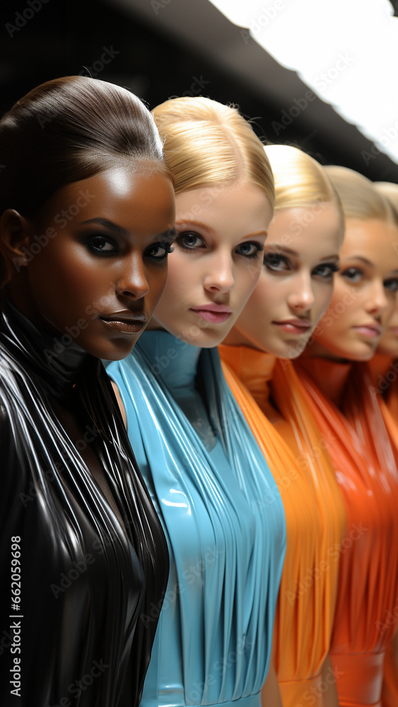 Multikulti Model Frauen als Porträt in Fashion Kleidung mit Blick in die Kamera im Querformat als Banner, ai generativ Multikulti Model Frauen als Porträt in Fashion Kleidung mit Blick in die Kamera im Querformat als Banner, ai generativ