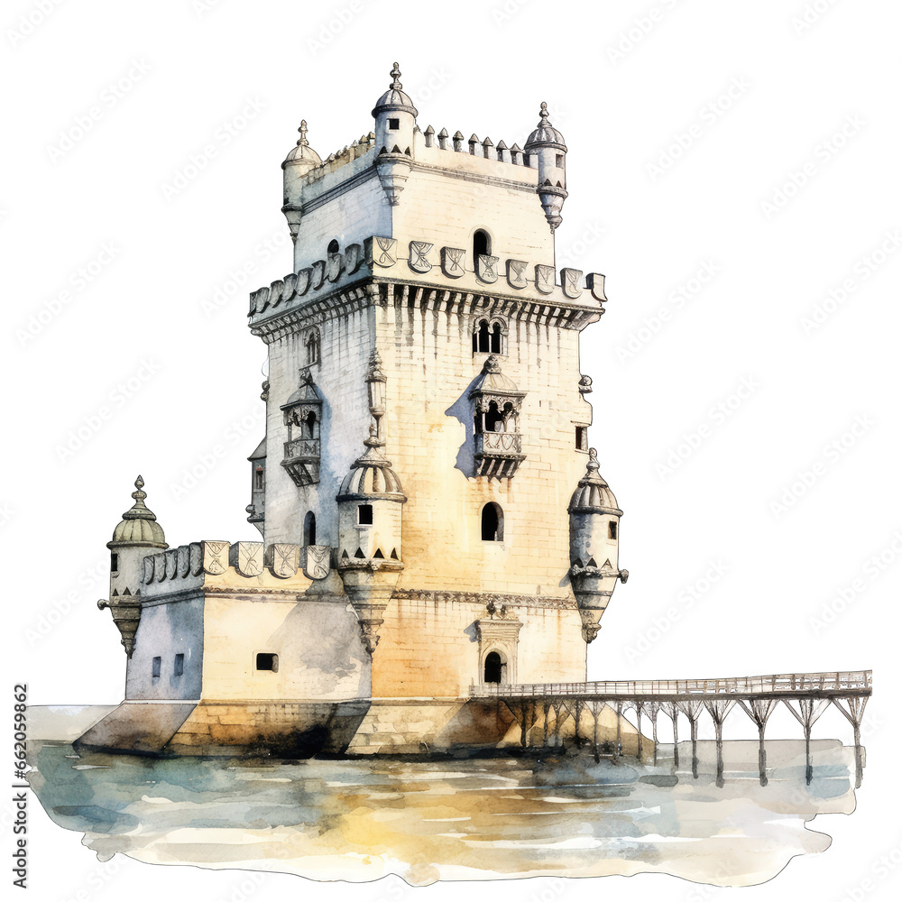 Watercolor illustration of belem tower in Lison, Portual