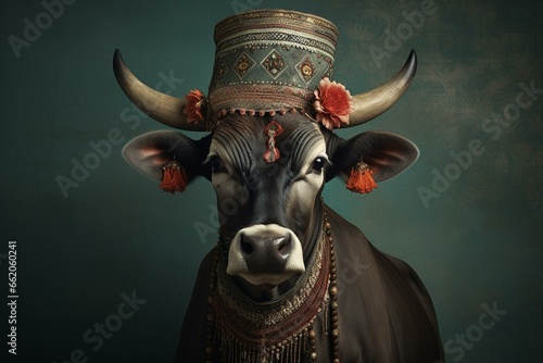 A lovely bovine artwork for decorating walls. Features an illustration of an Indian cow against a backdrop. Generative AI