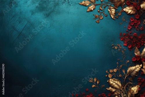 Red berries of mountain ash with golden leaves on dark blue background. Hawthorn berries. Nature Christmas backdrop with copy space