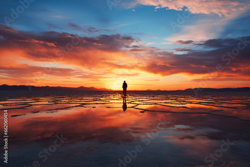Man Standing on the uyuni salt flat sunset © Guillermo