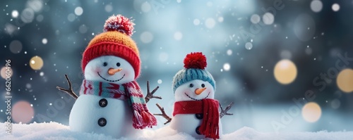 Two little happy snowman in knitted caps and scarfs standing in winter landscape. Festive background with a lovely snowman. Merry Christmas and happy New Year greeting card with copy space