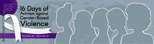 Long horizontal Banner for 16 Days of Activism against Gender-Based Violence with silhouettes of Women of different ethnic groups and white ribbon. Vector colorful illustration
