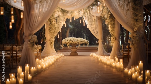 A beautifully decorated wedding venue with elegant floral arrangements, soft candlelight, and a charming gazebo for the ceremony