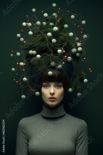 Portrait of a woman with fir branches covering her head. Vintage aesthetic christmas concept. 