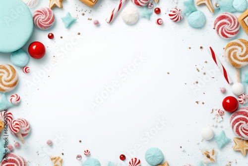 Winter background made of candies, lollipops, marshmallows and paper card note. Top view, flat lay. Christmas concept.