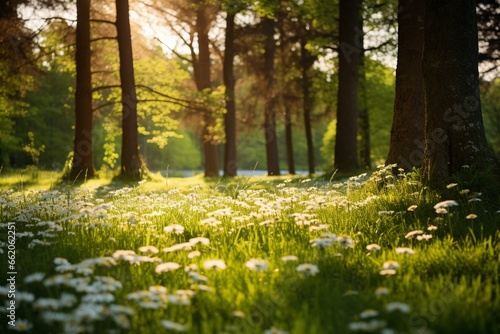 A sunlit field filled with daisies among trees during the spring season. Generative AI